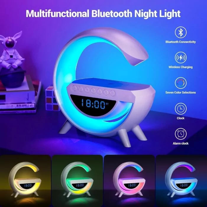 Tech Fusion Hub" G-shape Multifunctional Lamp & wireless charging & Bluetooth Speaker with LED clock with (FREE GIFT)
