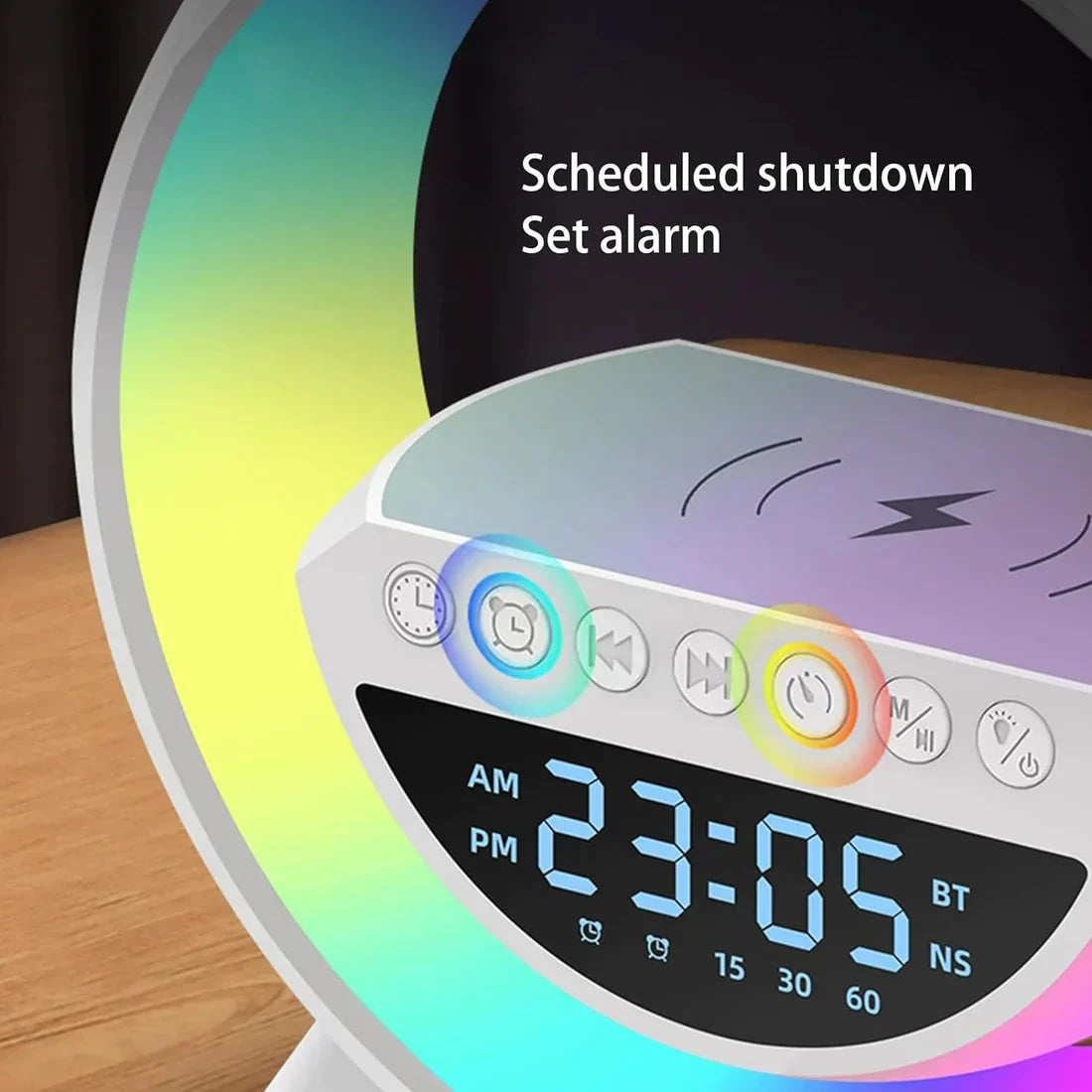 Tech Fusion Hub" G-shape Multifunctional Lamp & wireless charging & Bluetooth Speaker with LED clock with (FREE GIFT)