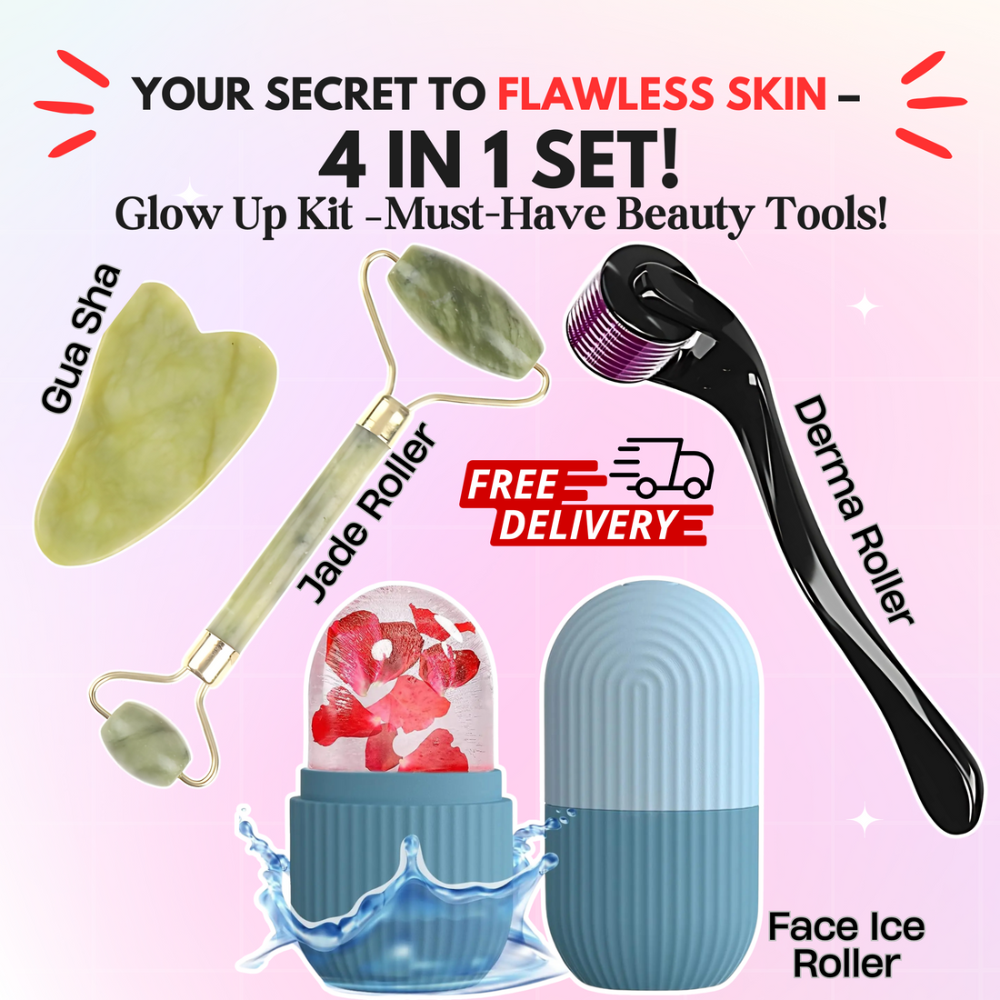 Glow Up Kit  4-in-1  | Jade Roller, Gua Sha, Derma Roller & Ice Roller